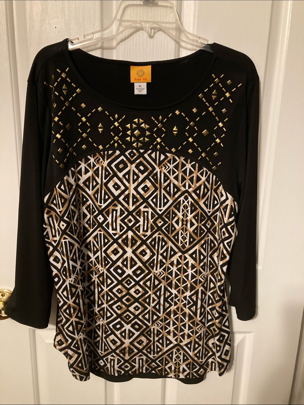 50% off in 3+ bundle, Ruby Rd. Black Geometric Print Top with Gold Stud Detail